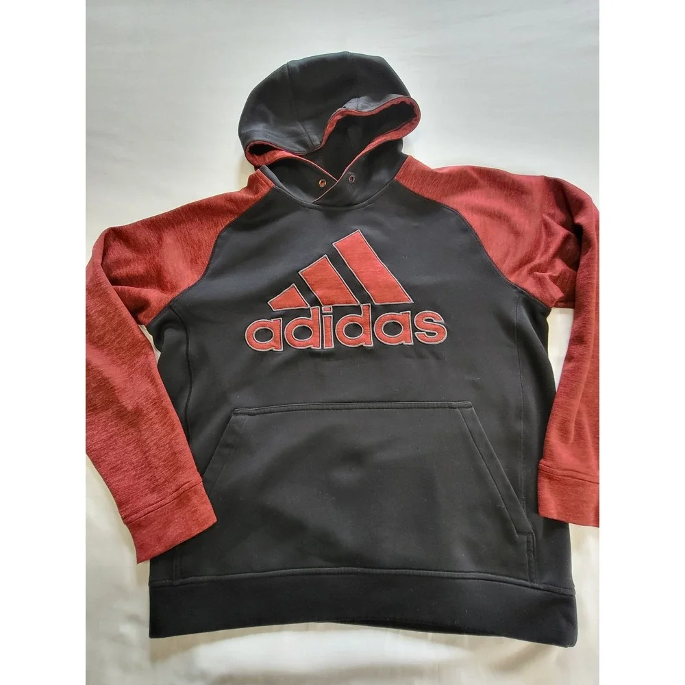 Adidas Climawarm Hoodie Mens Medium Black Red Pullover Sweatshirt Logo Raglan